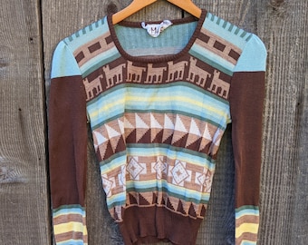 70s vintage striped sweater top / Southwest geometric pullover brown blue animal Cowichan style knit / boho bohemian hippie hipster chic / S