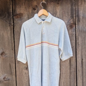 90s vintage blue terrycloth polo t shirt / Y2K henley snap collar striped summer retro hipster athletic sporty No Boundaries S M distressed