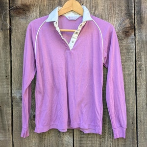 70s vintage cotton henley t shirt / purple collared long sleeve tee white piping / hipster retro athletic classic sporty / Collections M L