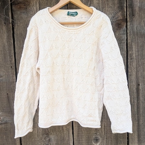 80s vintage cream knit boxy sweater / cotton diamond cable knit chunky pullover / preppy minimalist classic Parkhurt Collectibles Canada M L