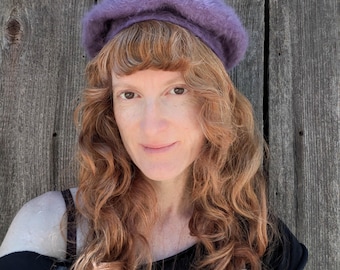 90s vintage purple angora beret / lavender furry tufted hat Nordstrom / pin up rockabilly elegant retro glam hipster chic S / made in France