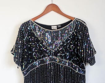 80s Vintage Sequin Silk Blouse: Beaded Liberty L Top