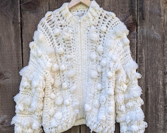 60s vintage white pom pom knit jacket / zip up bomber puffball retro mod glam costume boho hipster festival gogo girl OOAK / Cee acrylic L