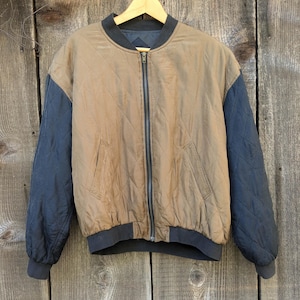 90s vintage Y2K quilted silk bomber jacket black gold brown puffer zip up coat warm winter hipster rocker glam streetwear two tone / M L