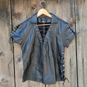 RESERVED for Zoran 70s Vintage Black Leather Lace up Shirt / Biker