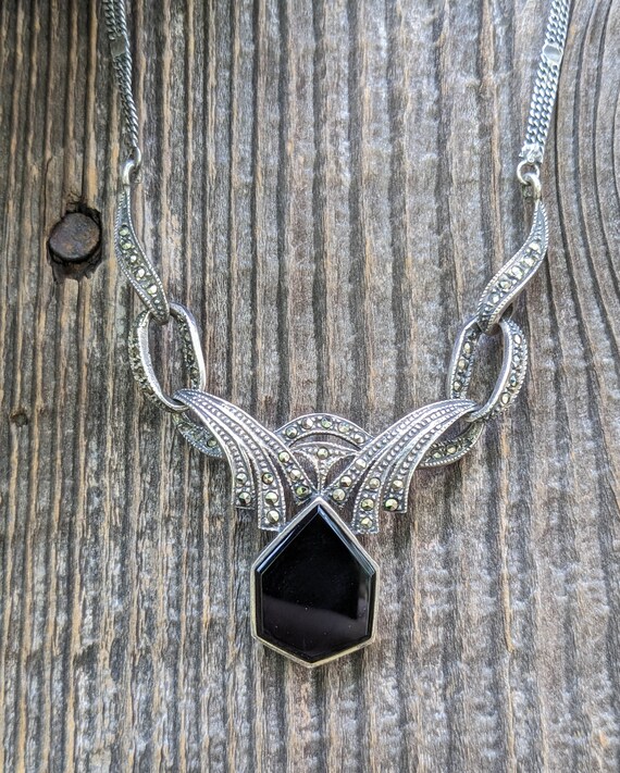 20s 30s vintage Art Deco silver Onyx necklace / M… - image 7