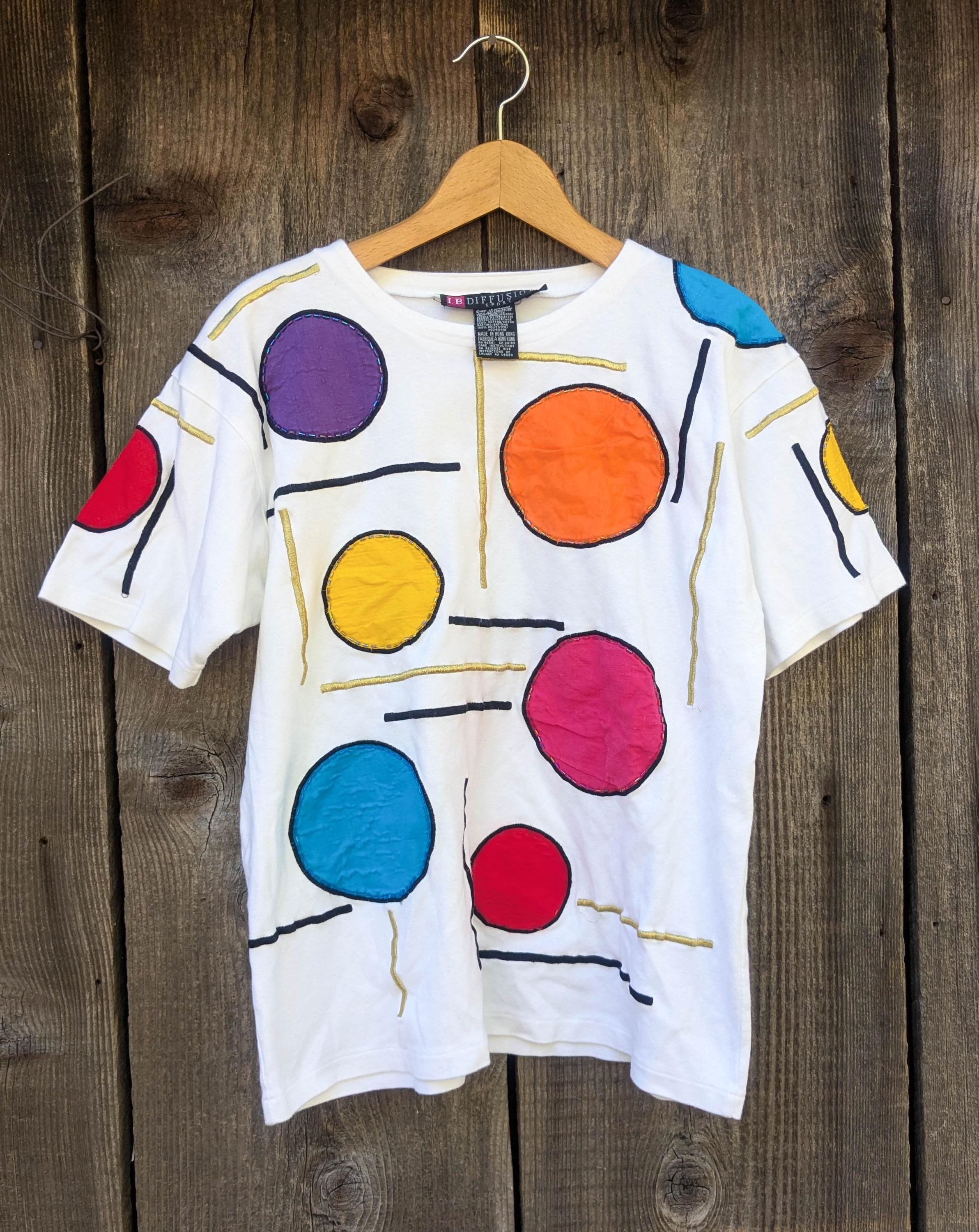 90s Vintage Polka Dot Beaded T Shirt / White Cotton Metallic Gold