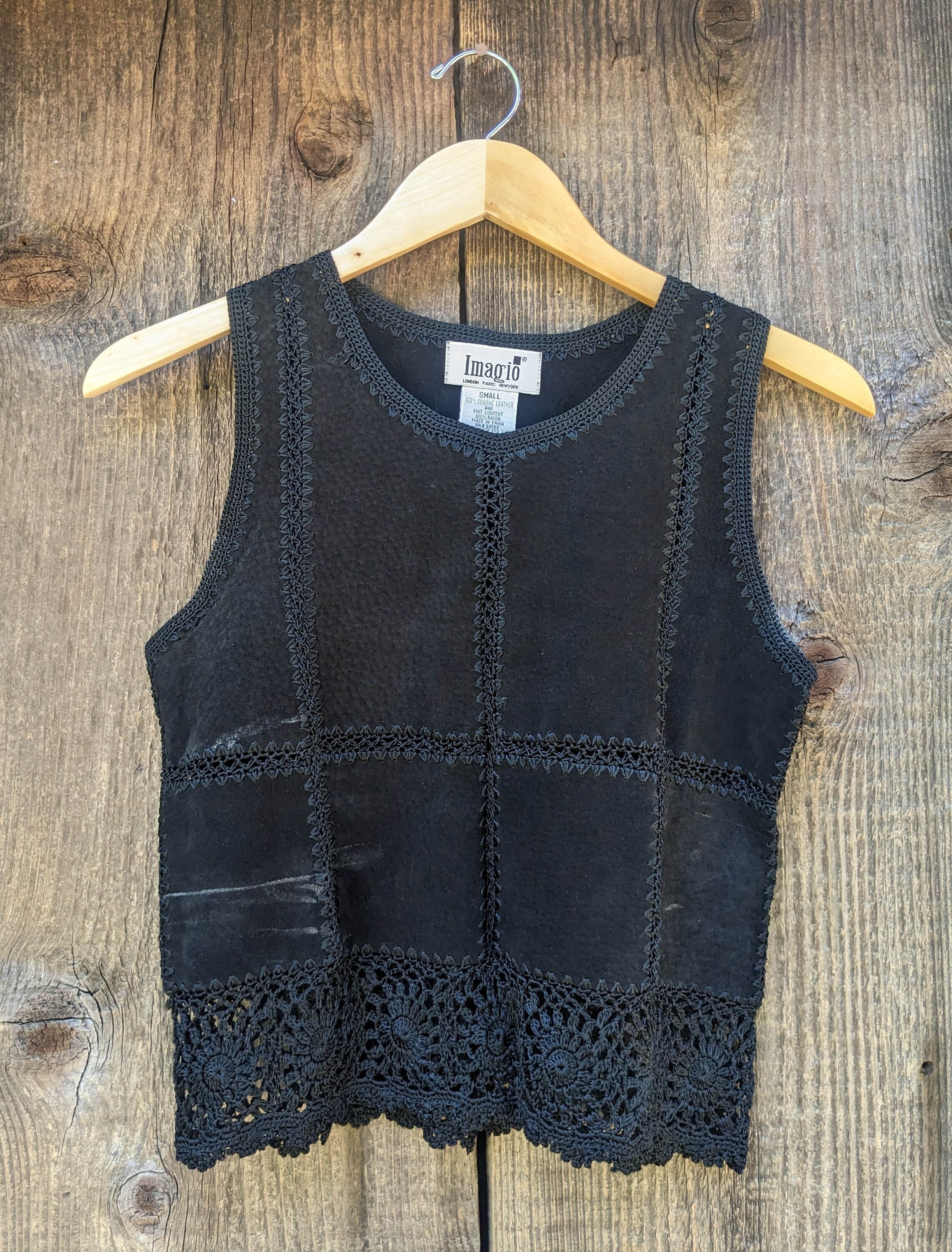 80s Vintage Black Suede Patchwork Top / Crochet Stitched