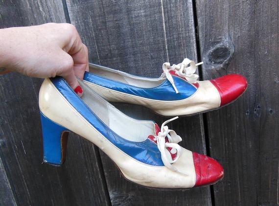 30s vintage lace up oxfords / red white blue leath