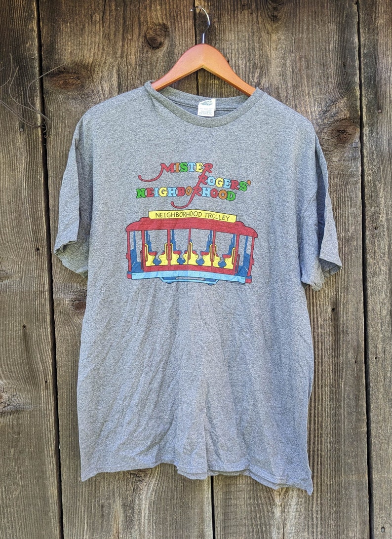 00s Vintage Mr Rogers Neighborhood Trolley T Shirt / Gray Cotton Poly ...