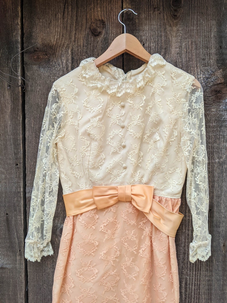 60s vintage ice cream lace dress / peach satin bow babydoll eggshell cocktail dress / sleeveless pastel retro mod glam costume sexy cute / M image 4