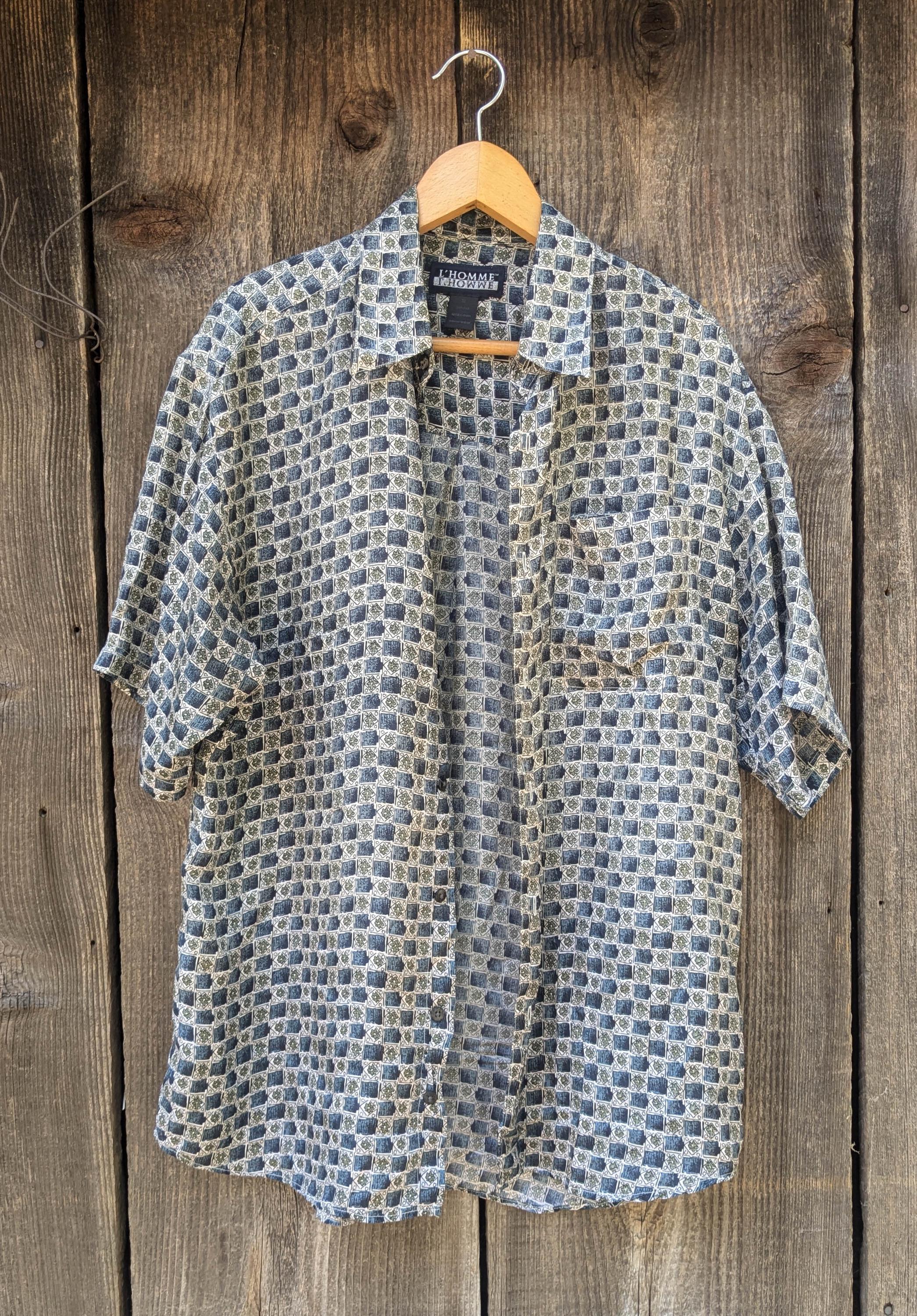 90s Vintage Silk Pattern Button up Shirt / Mens Lhomme M Square Check ...