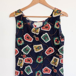 90s vintage silk pattern shell / navy blue jewel print coat of arms shields tank top / Spenser Jeremy M / retro elegant boho hipster glam