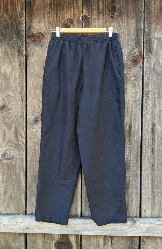 80s vintage black silk pants / elastic drawstring 
