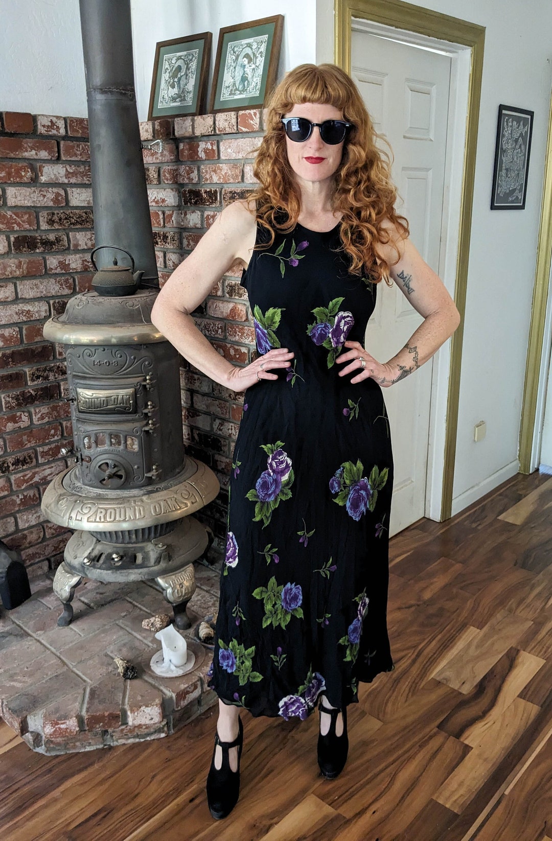 90s Vintage Y2K Black Rayon Dress / Bias Cut Floral Purple 90s Vintage Y2K Black Rayon Dress / Bias Cut Floral Purple