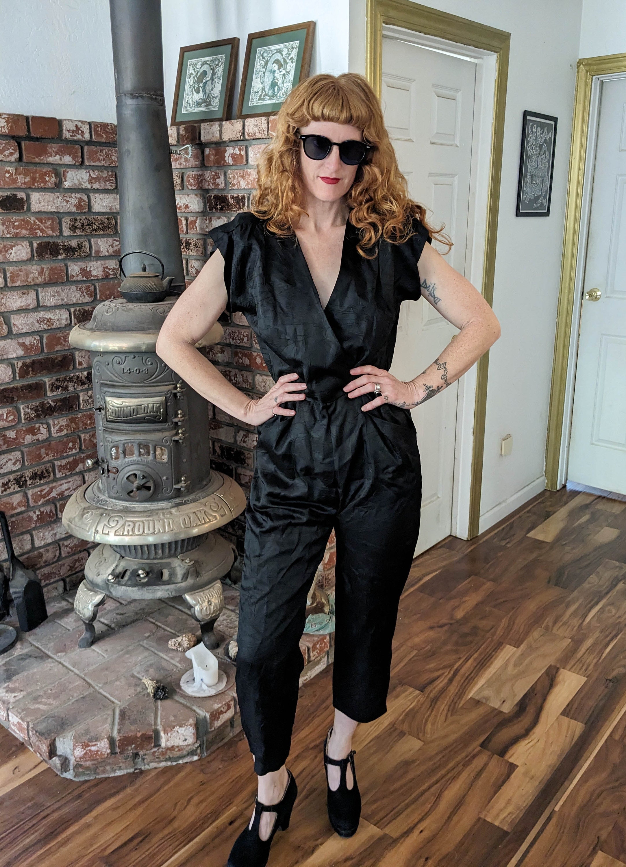 90s Vintage Black Satin Jumpsuit Plunging Neckline Shoulder Pads