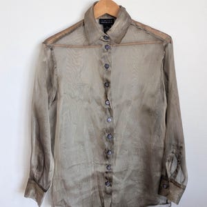 90s Sheer Metallic Blouse: Y2K Beige Button Up Top