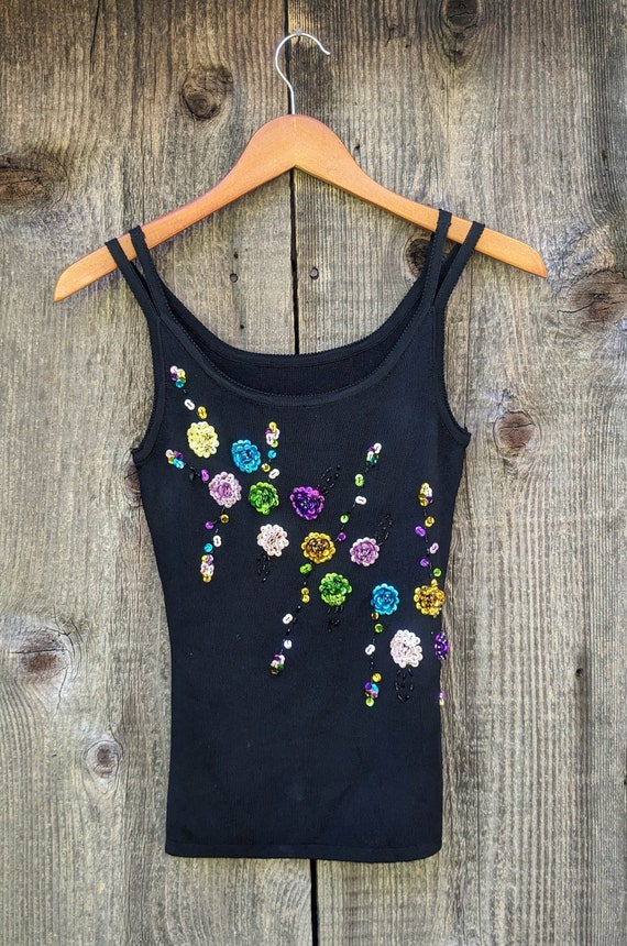 70s vintage knit sequin tank top / black nylon str