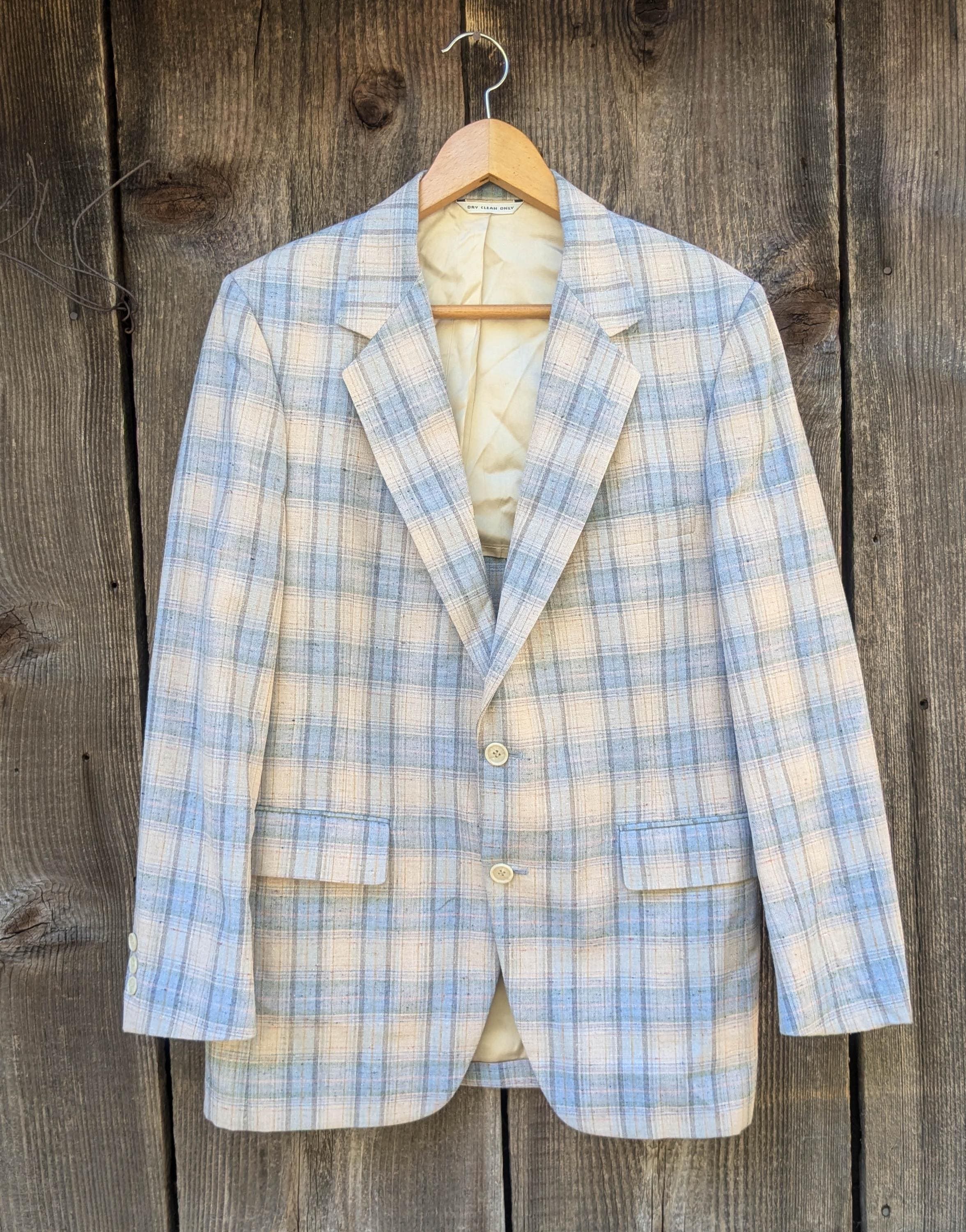 80s Vintage Plaid Linen Mens Blazer Jacket / Beige Blue Textured