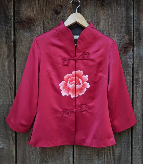 90s vintage silk kimono jacket / red black embroid
