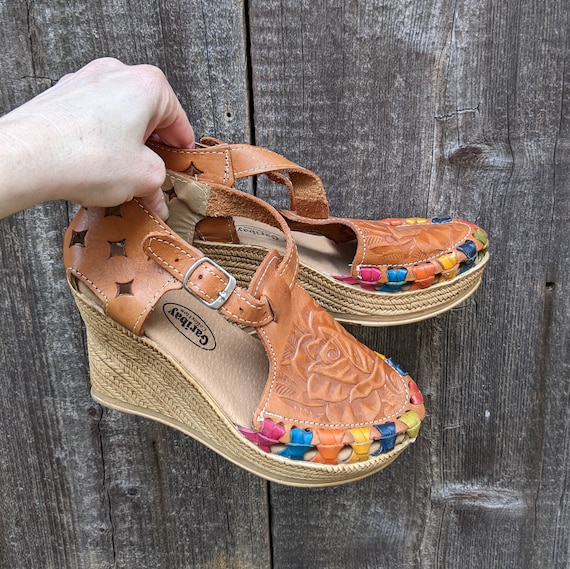 Tooled Leather Wedge Sandals / Tropical Vacation Etsy