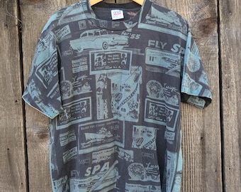 90s Vintage Y2K Newsprint T Shirt / All Over Print Single Stitch