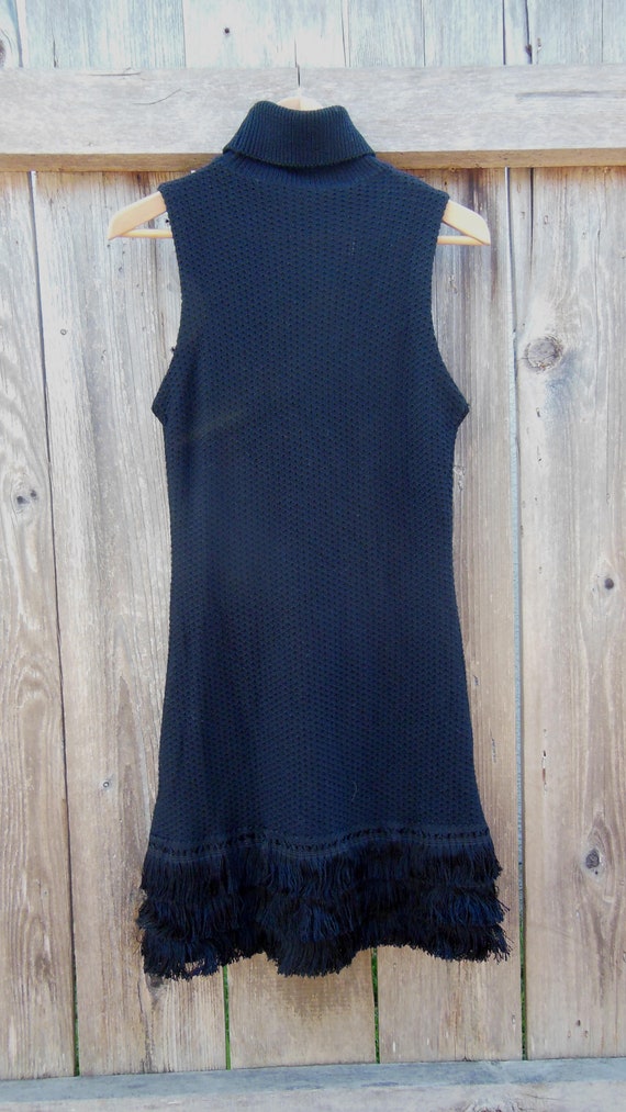 black wool sweater dress turtleneck mini fringe /