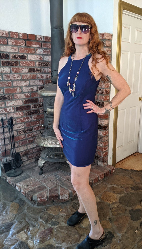 90s vintage metallic dress / blue sparkle glam ra… - image 2