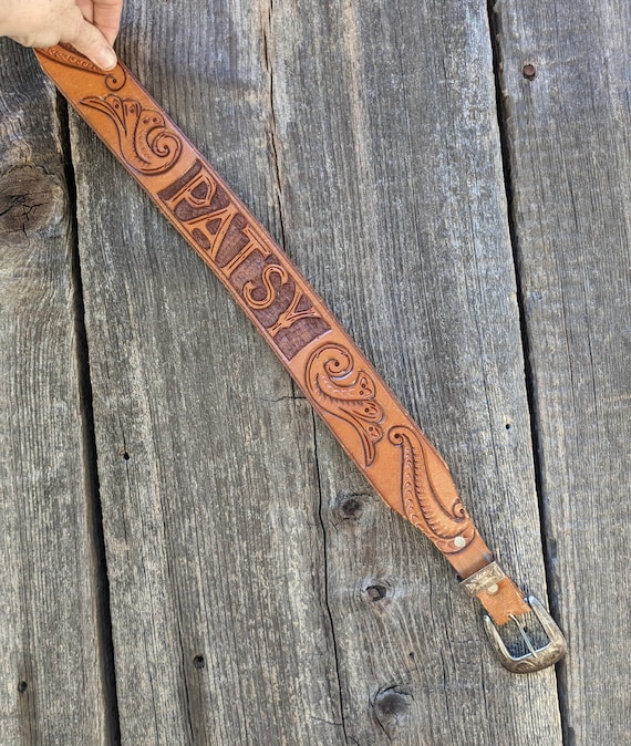 70s vintage tooled leather PATSY waist belt / thic