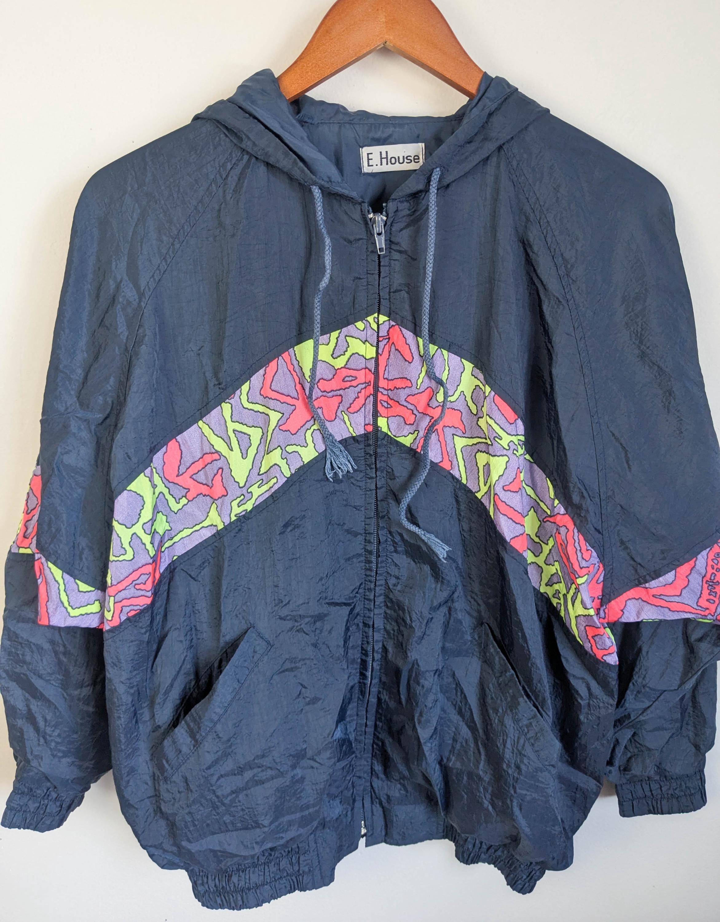 80s Vintage Neon Windbreaker / Navy Blue Nylon Waterproof