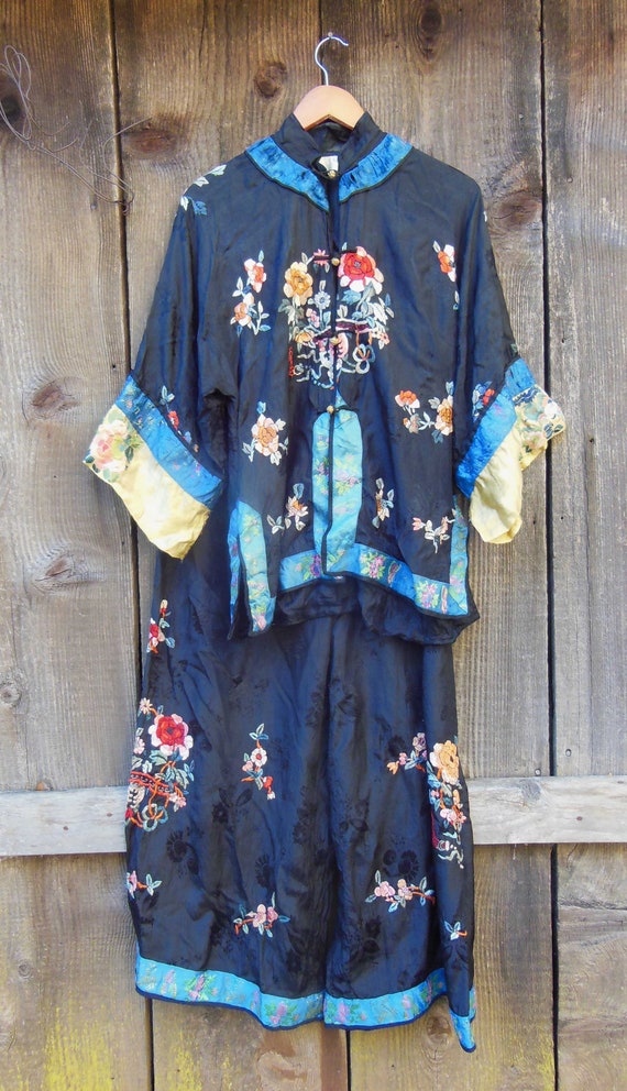 40s vintage silk kimono set / jacket pants two pie