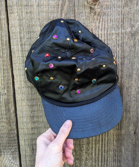 80s vintage rhinestone baseball cap / black nylon… - image 6