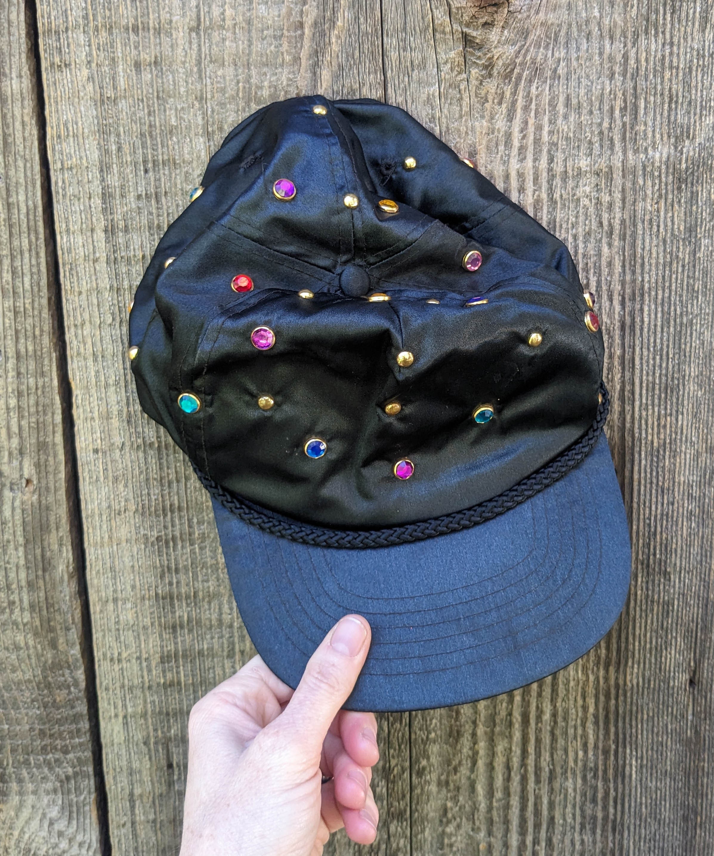 80s Vintage Rhinestone Baseball Cap / Black Nylon Bedazzled