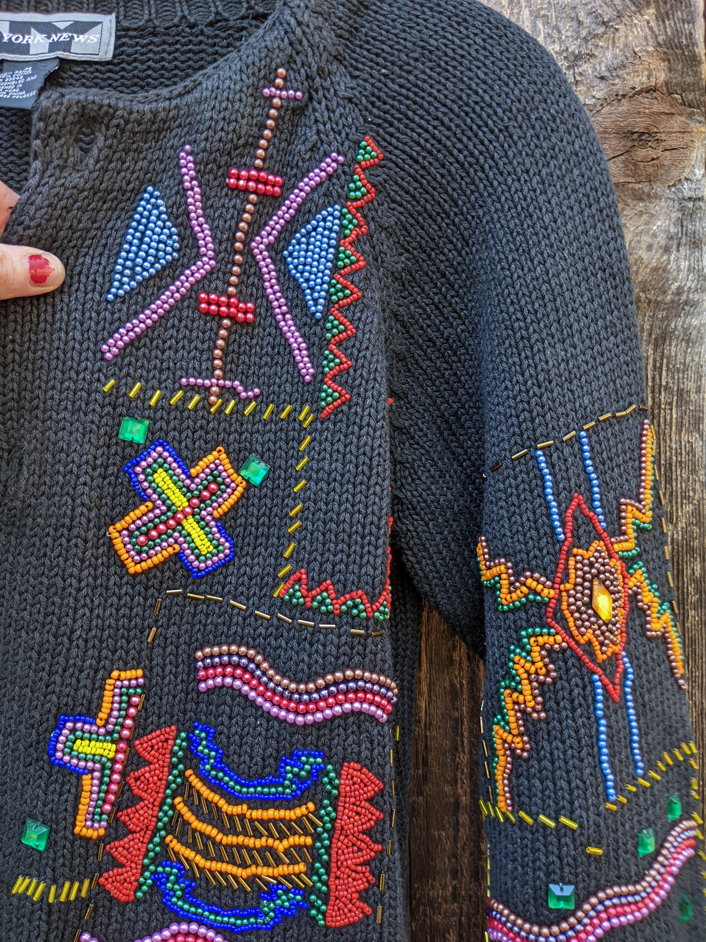 90s Vintage Abstract Beaded Knit Sweater / Black Geometric 90s Vintage Abstract Beaded Knit Sweater / Black Geometric