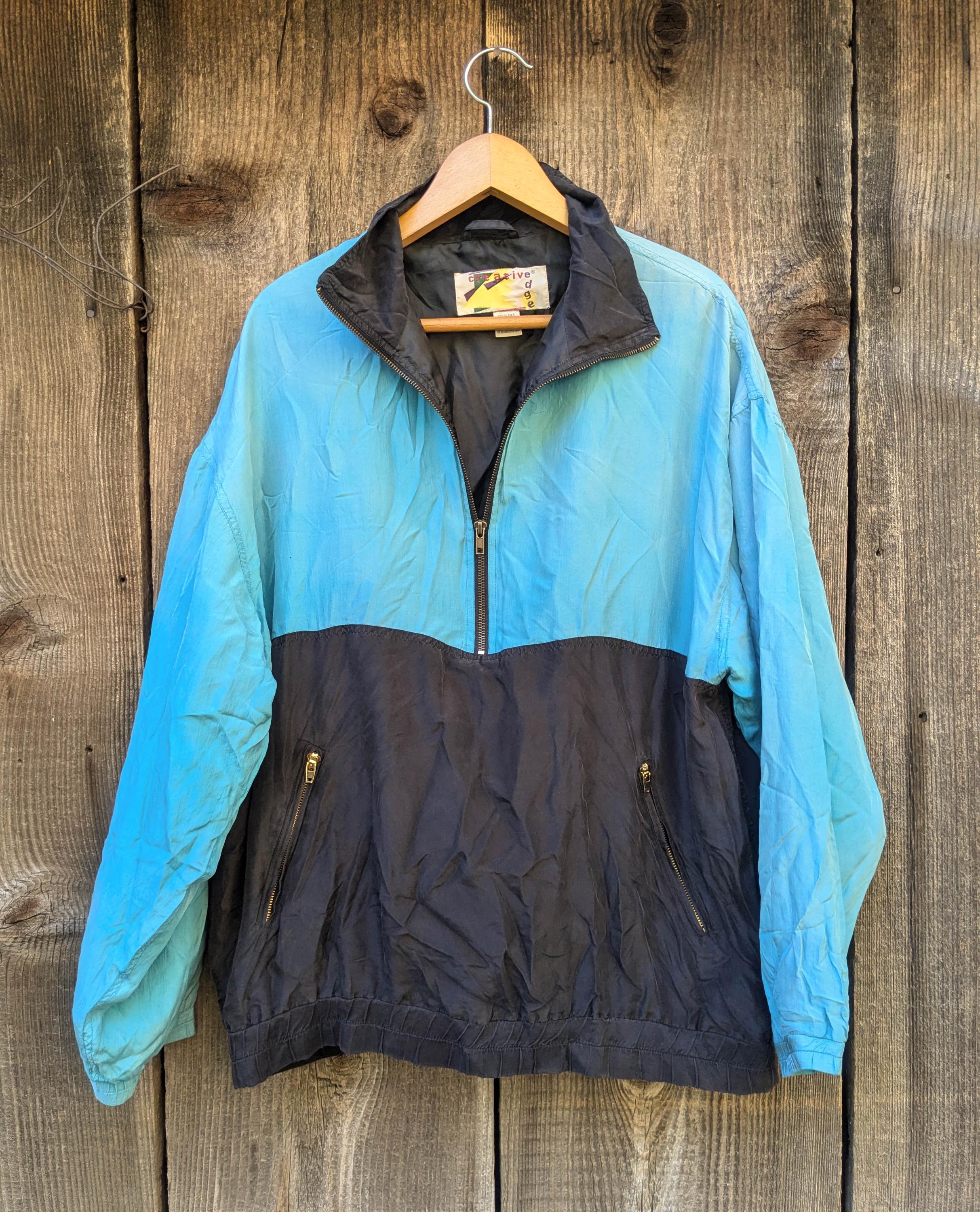80s Vintage Color Block Silk Pullover Windbreaker Jacket Top