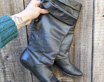 80s vintage black leather cuff boots 6 / tall slouchy mid calf slouch boots / goth rocker glam Ren Faire Renaissance elven costume hipster