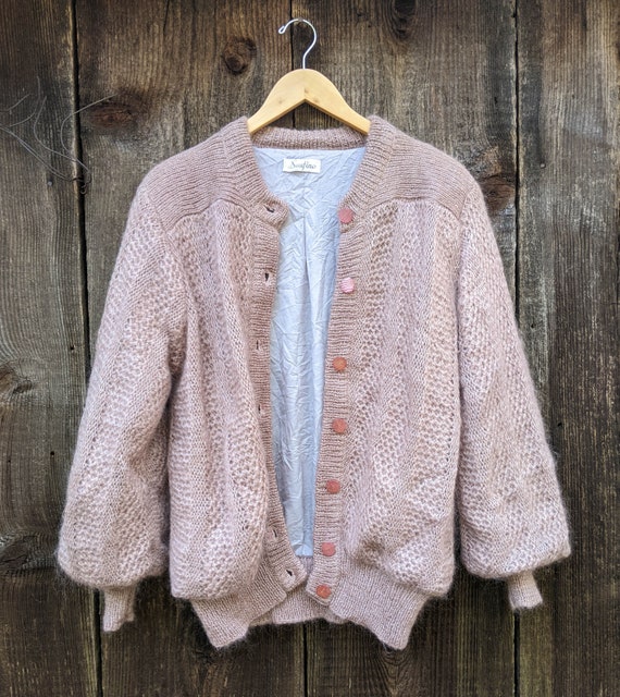 80s Vintage Mohair Cardigan / Mauve Chunky Knit Satin Lining