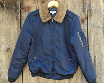 00s Vintage Aviator Bomber Jacket Faux Fur Collar Faux Shearling