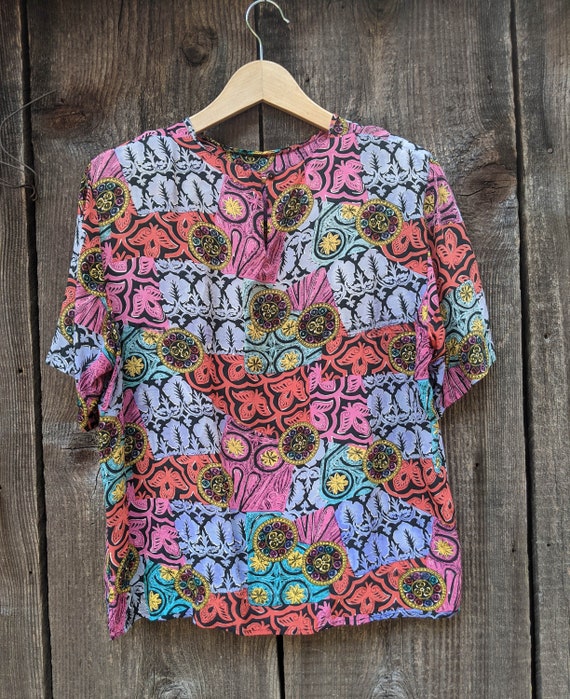 90s vintage silk blouse jewel print baroque abstr… - image 5