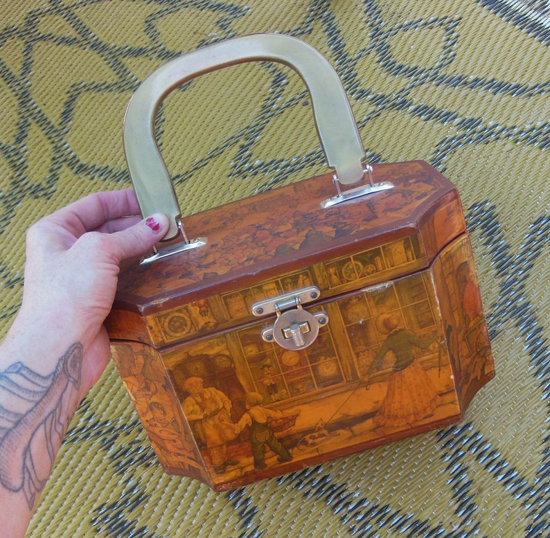 60s vintage decoupage box purse wood lacquer lucite make up case handbag gold glitter resin handle artisan scene old timey collectible