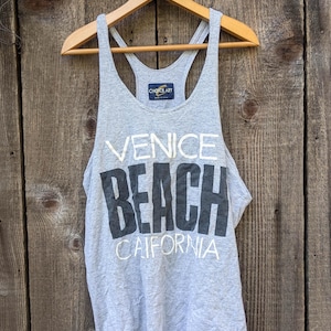 90s vintage Venice Beach t shirt muscle tank tee / California west coast gray cotton USA black white graphic / Los Angeles hipster sport M L