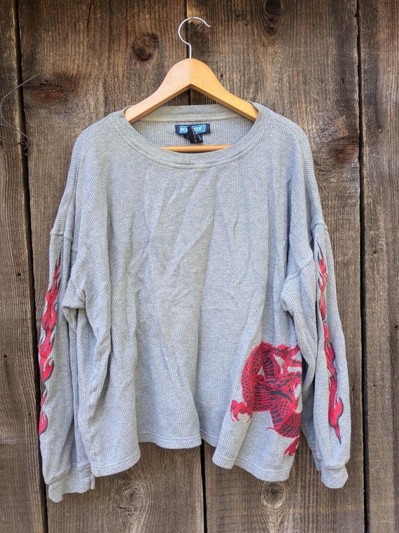 00s Vintage Y2K Flame Thermal ICEBOX / Gray Ribbed Cotton XL