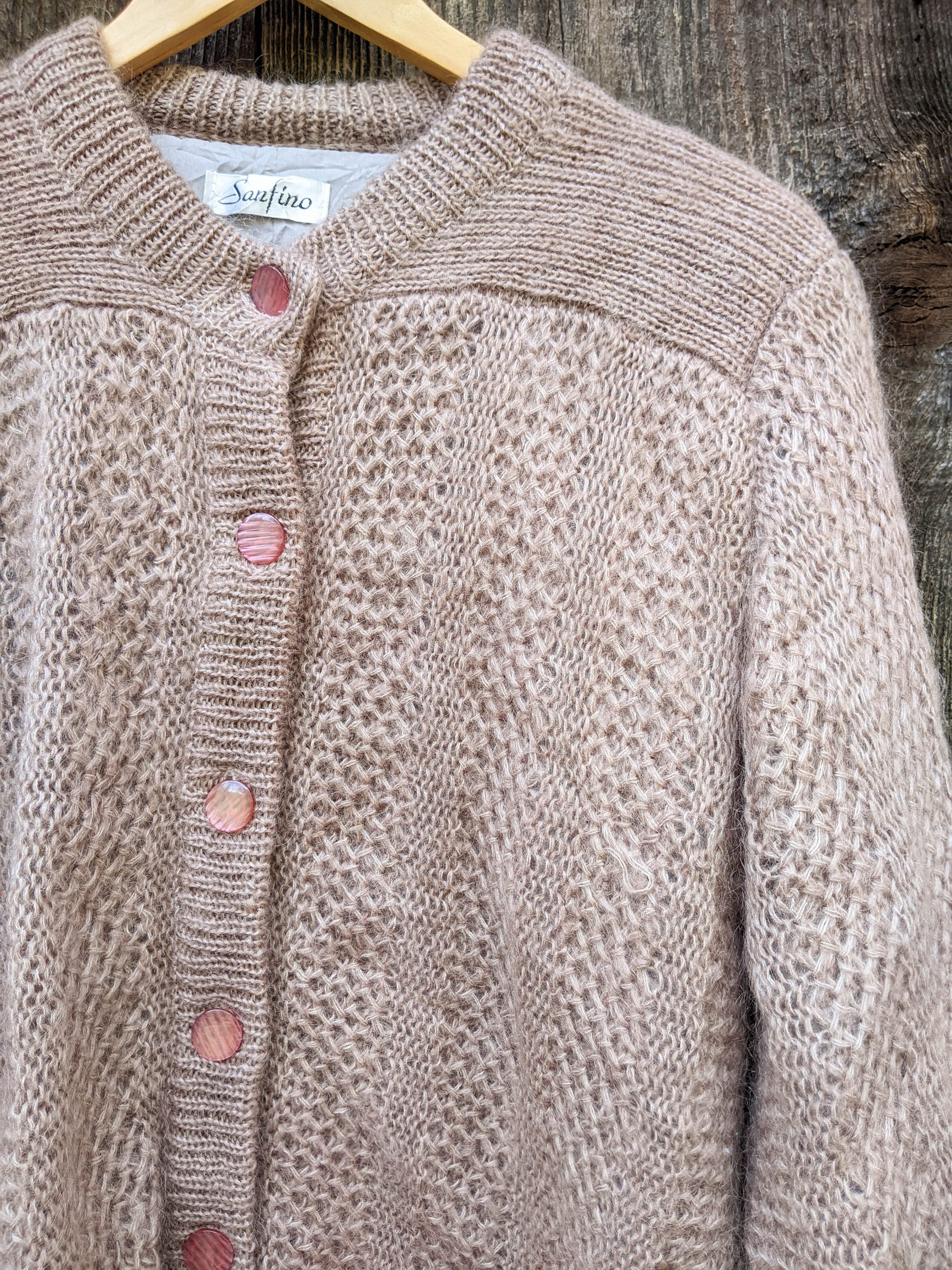 80s Vintage Mohair Cardigan / Mauve Chunky Knit Satin Lining