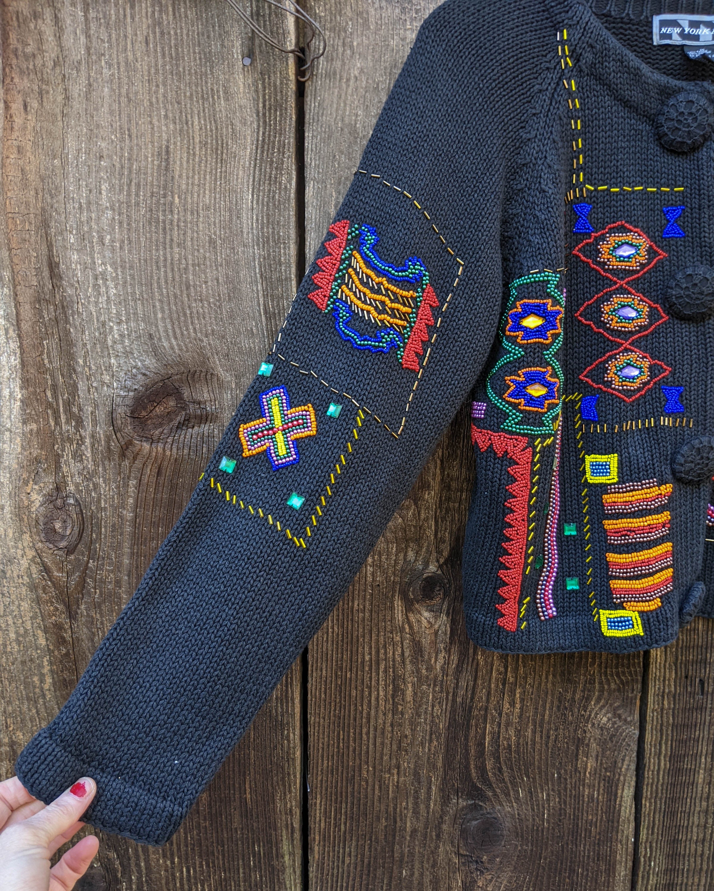 90s Vintage Abstract Beaded Knit Sweater / Black Geometric 90s Vintage Abstract Beaded Knit Sweater / Black Geometric