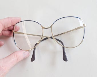 Okulary korekcyjne w niebiesko-złotej drucianej oprawie, w stylu vintage z lat 80., w stylu sekretarki, w dużych oprawkach, hipsterskie