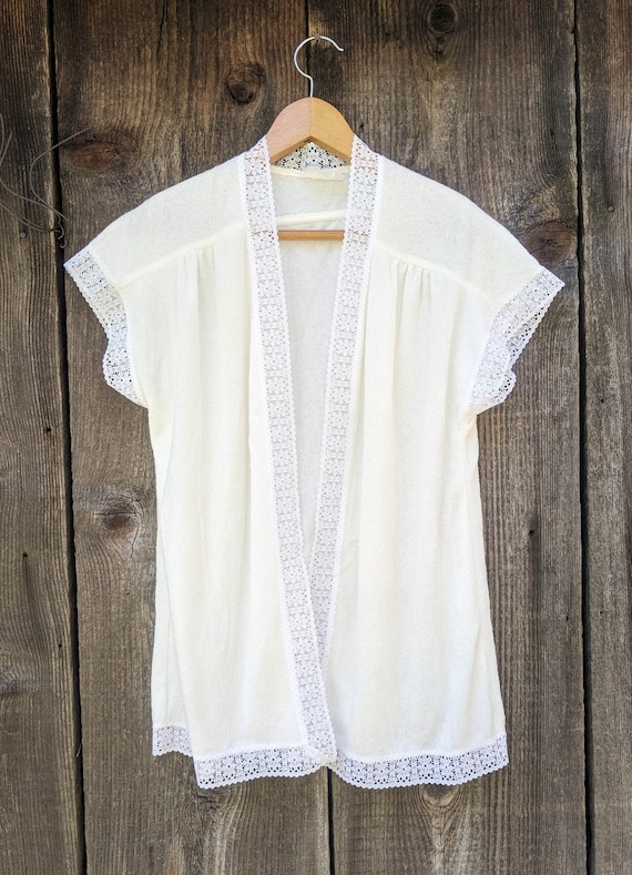 Vintage 70s Cream Terrycloth Beach Robe Cover-up with Lace Trim – Summer Glam M