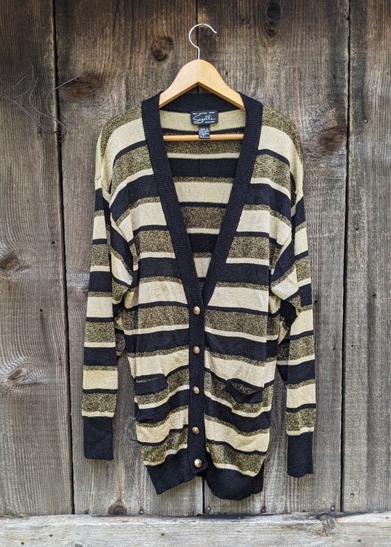 80s vintage black gold striped cardigan / metallic