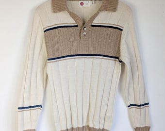 Trui met V-hals gebreide trui jaren 70 vintage / Sears acrylwol henley knoophalslijn M