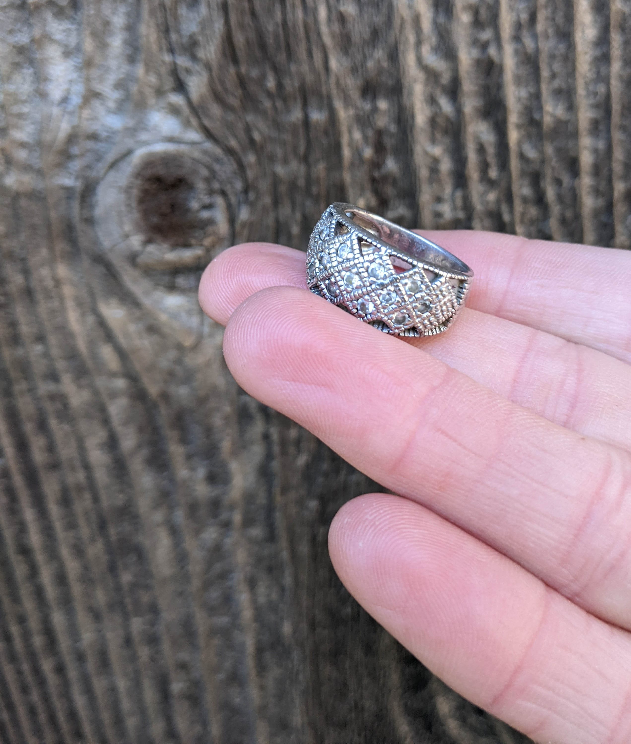 70s Vintage Silver Pave Ring / 925 Sterling Clear Stone