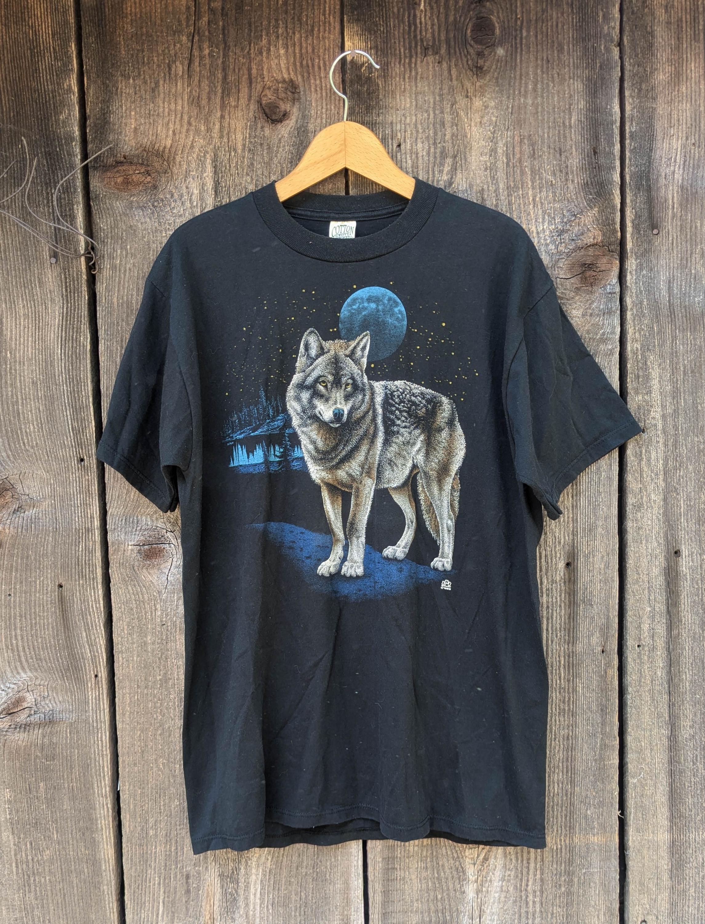80s Vintage Wolf T Shirt / Woof Moon 1989 Black Cotton 80s Vintage Wolf T Shirt / Woof Moon 1989 Black Cotton